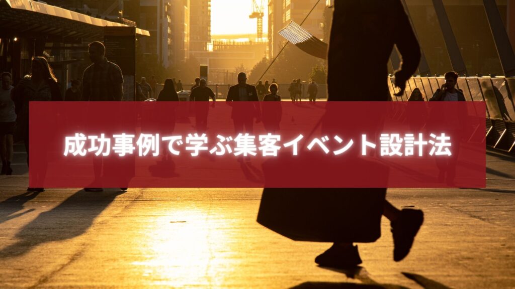 夕暮れの街を歩く人々のシルエット。集客イベントの成功設計を象徴する光と影のイメージ。